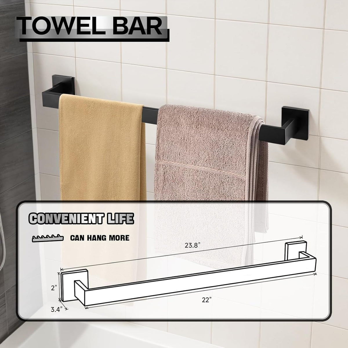 10-Piece Matte Black Bathroom Hardware Accessories Set Including 23.6 Inch Bath Towel Bar, Towel Rings, Bath Toilet Paper Holders, Robe Towel Hooks Set for Bathroom Stainless Steel Wall Mounted