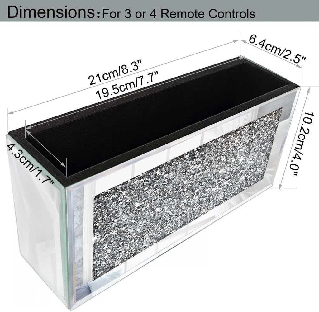 Mirrored Remote Holder, Wall Mounted Crush Diamond Bling Decoration Organizer Storage Box for Remote Phone Pad Wallet Notebook (8.3"×2.5"×4" For 3 or 4 Remote Controls)