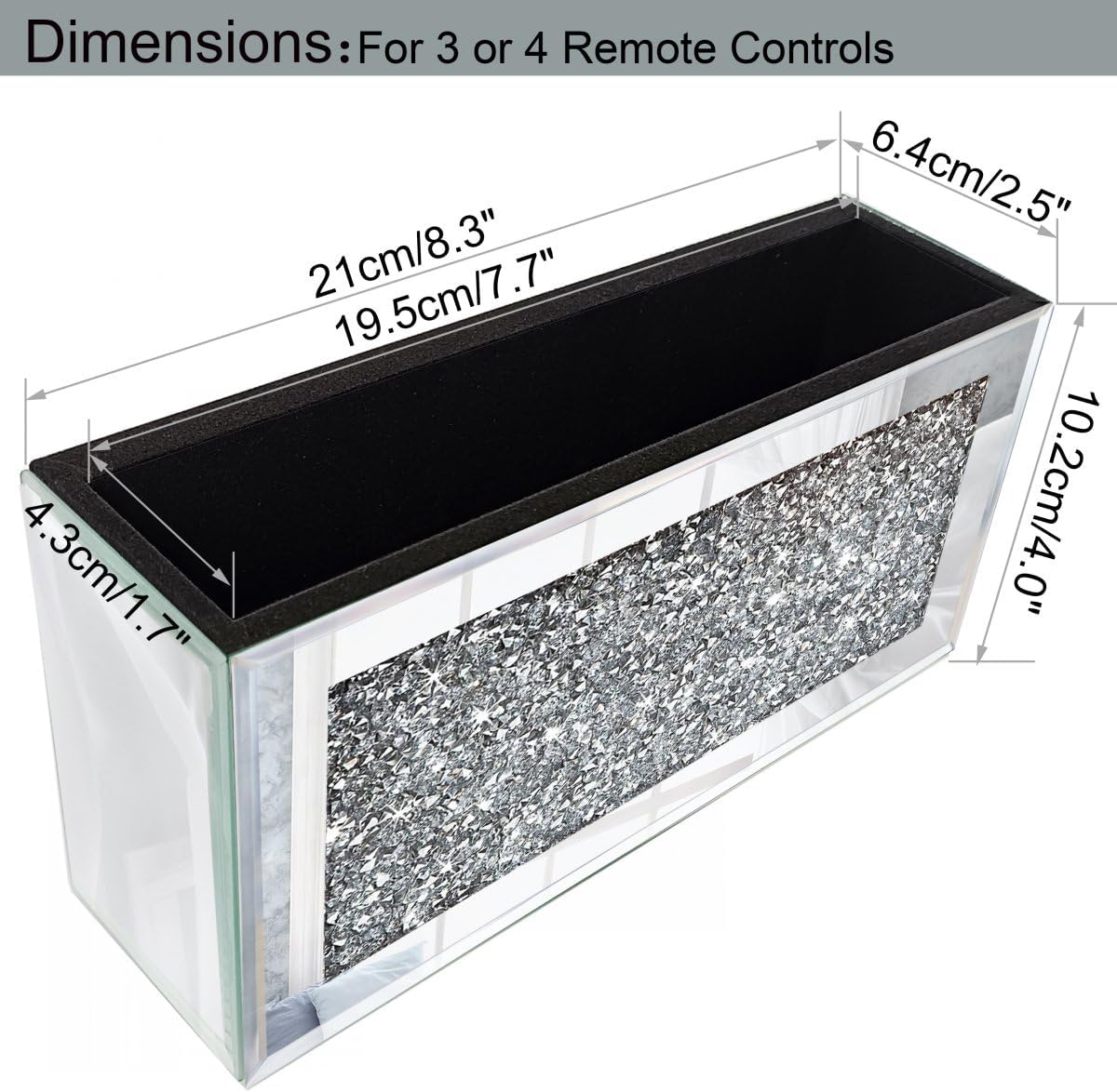 Mirrored Remote Holder, Wall Mounted Crush Diamond Bling Decoration Organizer Storage Box for Remote Phone Pad Wallet Notebook (8.3"×2.5"×4" For 3 or 4 Remote Controls)