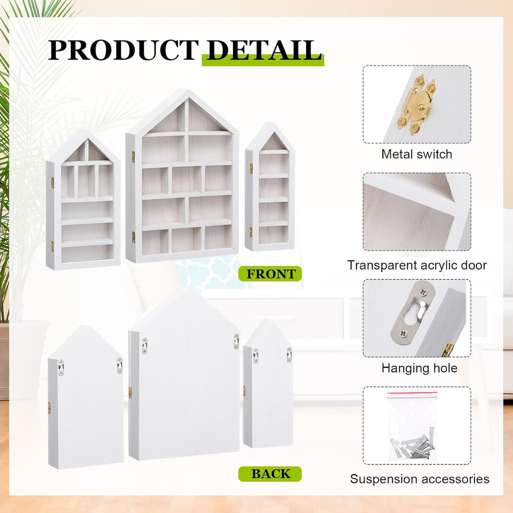 DoubleFill 3 Pcs Trinket Shelf Shadow Box, White, House Shape