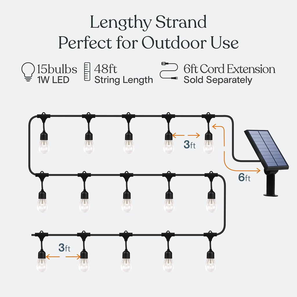 Brightech Ambience Pro Solar Powered Outdoor String Lights, 48 ft Commercial Grade Waterproof Patio Lights, Shatterproof LED String Lights for Outside, Porch - 15 Edison Bulbs, 1W Warm White