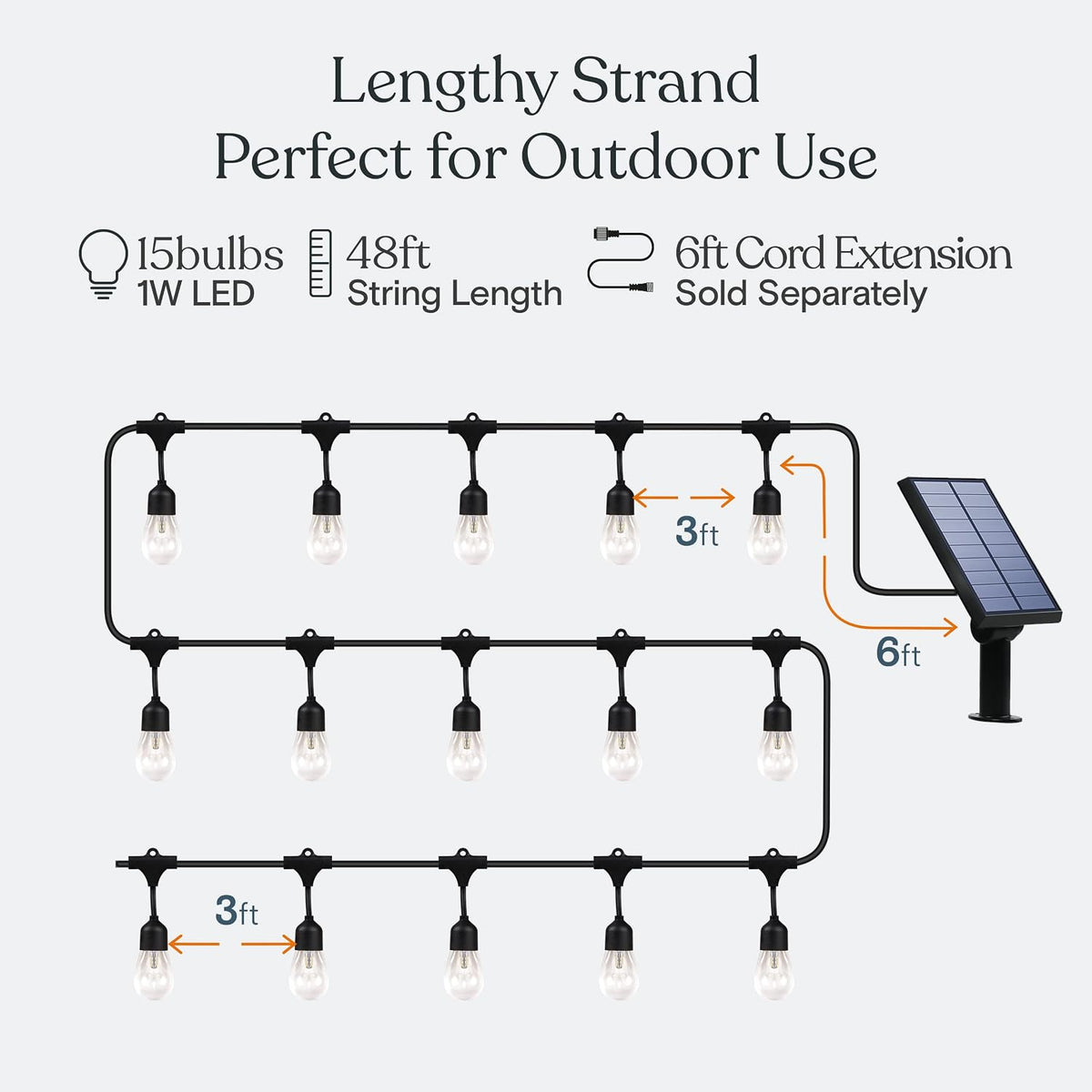 Brightech Ambience Pro Solar Powered Outdoor String Lights, 48 ft Commercial Grade Waterproof Patio Lights, Shatterproof LED String Lights for Outside, Porch - 15 Edison Bulbs, 1W Warm White