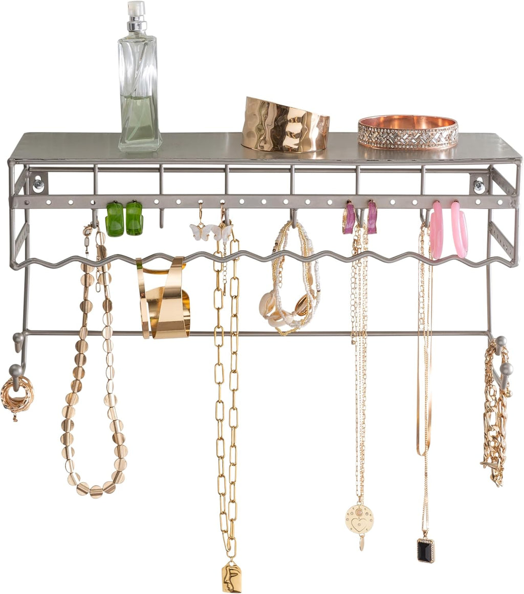 Simplify Wall Mounted Jewelry Organizer | Dimensions: 14.6"x 3.9"x 7.5" | 1 Tier | Home Organization | Great for Bracelets | Necklaces | Earrings | Satin Finish | Mirror Base Shelf