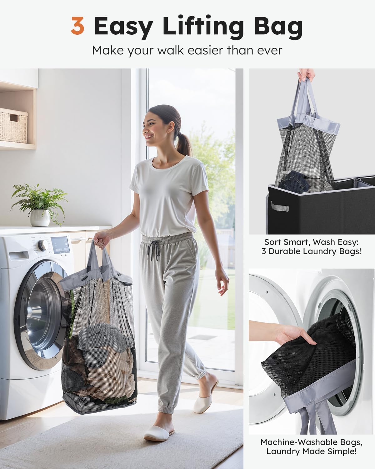SOLEDI Large Laundry hamper 3 Section with Lid, 180L Laundry Basket, Black