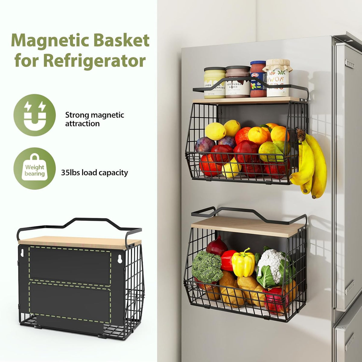 Wawocs Magnetic Shelf for Fridge with Wood Lid, 2 Tier Fruit Baskets Wall Mounted Hanging Basket with 4 Hanger Hooks, Potato and Onion Magnetic Storage Bins for Kitchen Counter, Refrigerator, Cabinet