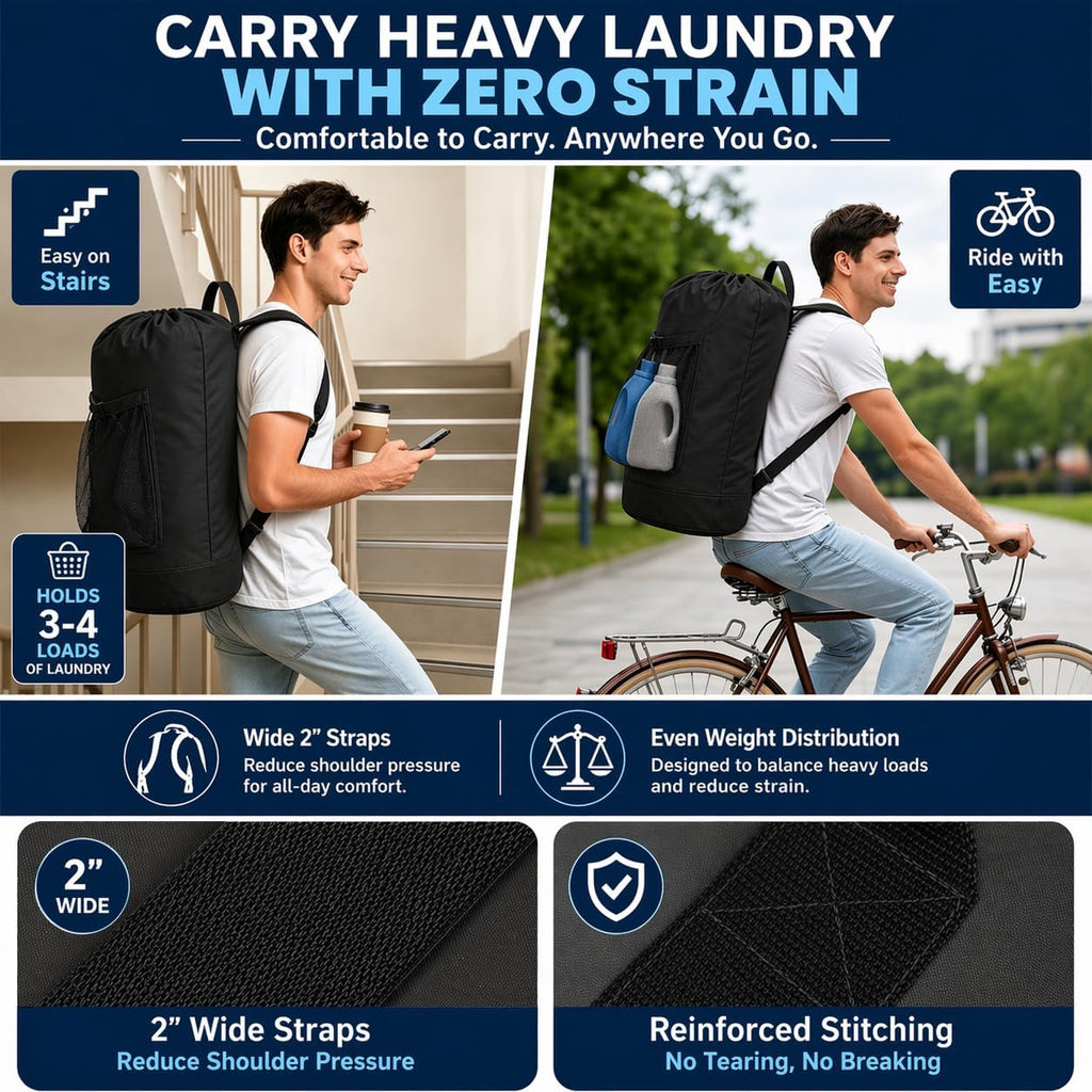 Backpack Laundry Bag Durable Polyster Laundry Backpack Bag with Shoulder Straps, Drawstring Closure & Mesh Pocket, Large Clothes Hamper for Dorm, Travel, Laundromat (Black)