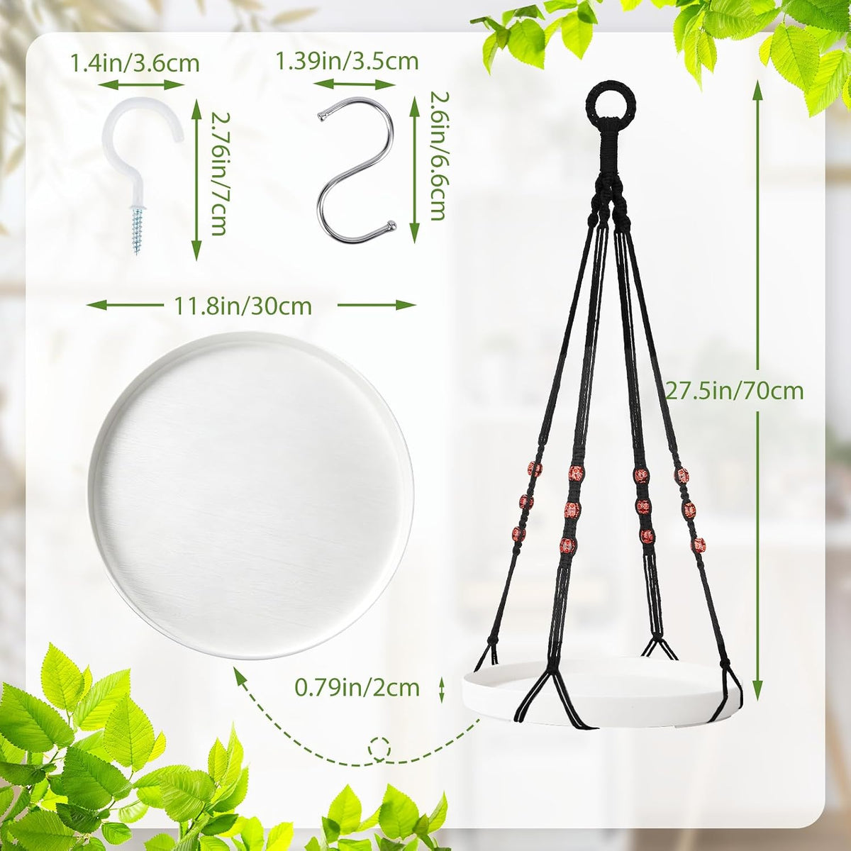 GREANER 2 Sets Hanging Plant Shelf, Black Indoor Hanging Plant Stand with Large Plastic Tray, Flower Pot Holder for Succulents, Cacti, Small Plants