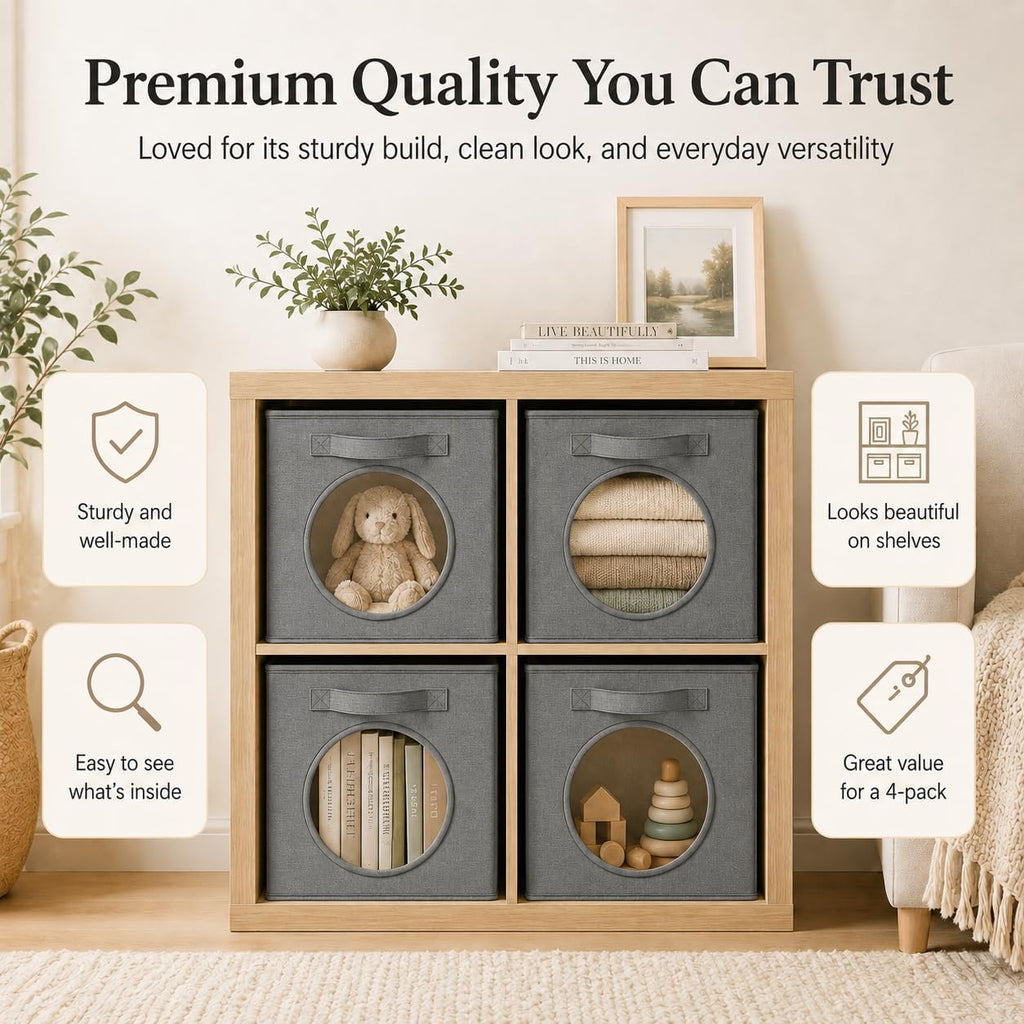 Storage Cubes with Mesh Window, 11'' Cube Storage Bin, Dark Gray, 4 Pack