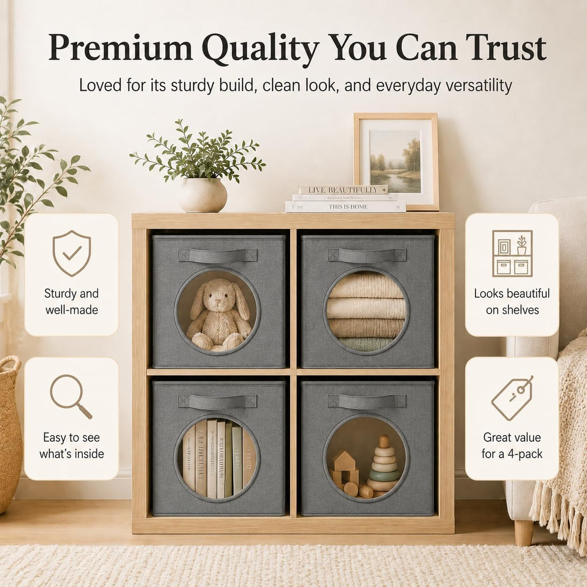 Storage Cubes with Mesh Window, 11'' Cube Storage Bin, Dark Gray, 4 Pack