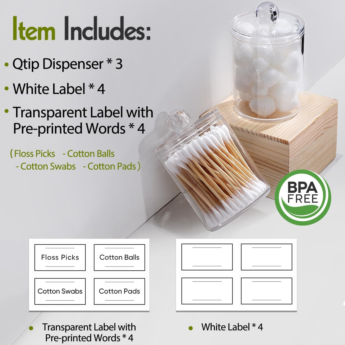 3 Pack Acrylic Qtip Holder Dispenser for Cotton Swabs, Balls, Floss Picks