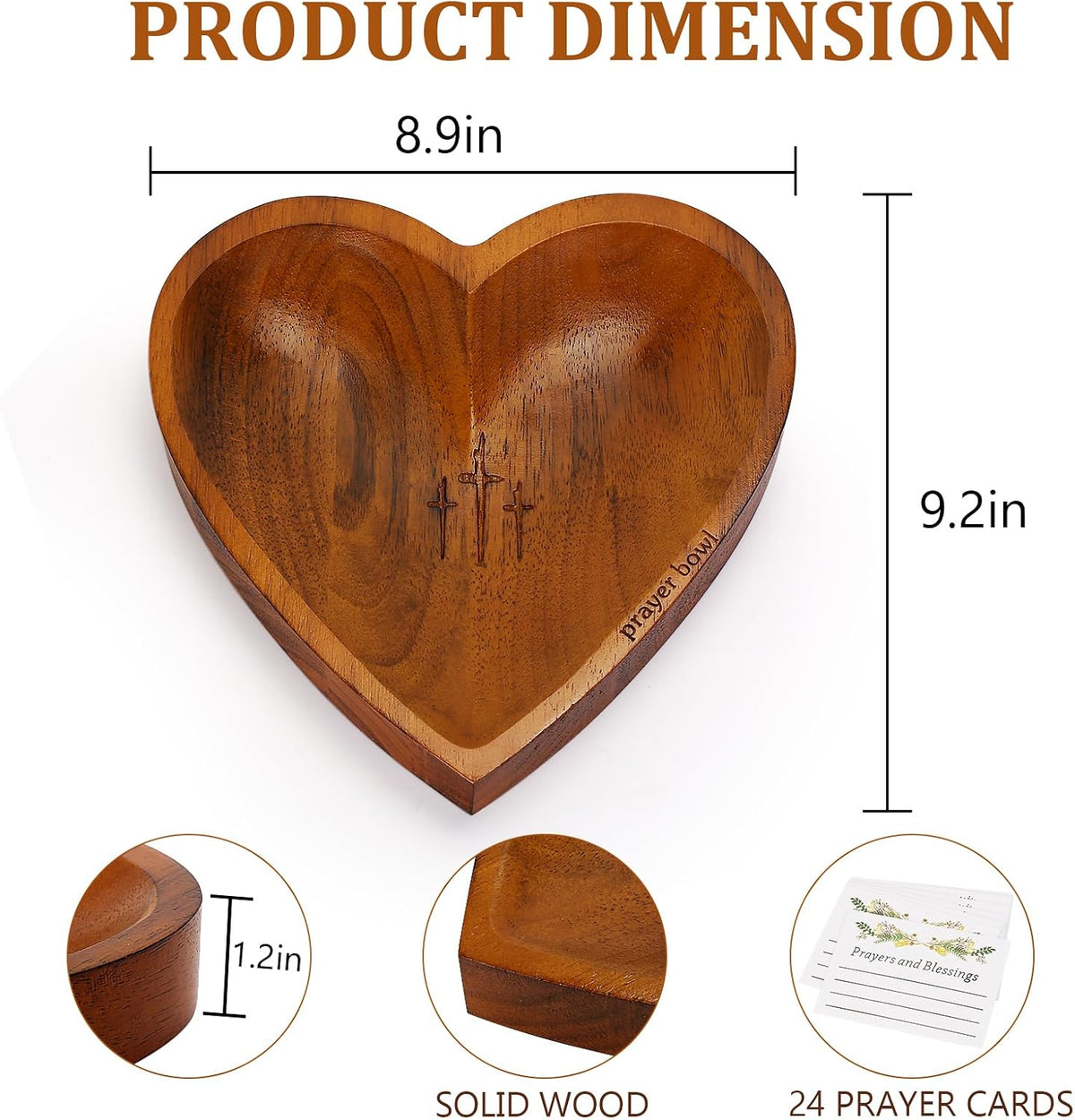 Prayer Bowl with 24 Blessing Cards Wooden Prayer Bowl Rustic Heart Shaped Decor Dough Bowls Christian Gifts for Mom Dad (Dark)