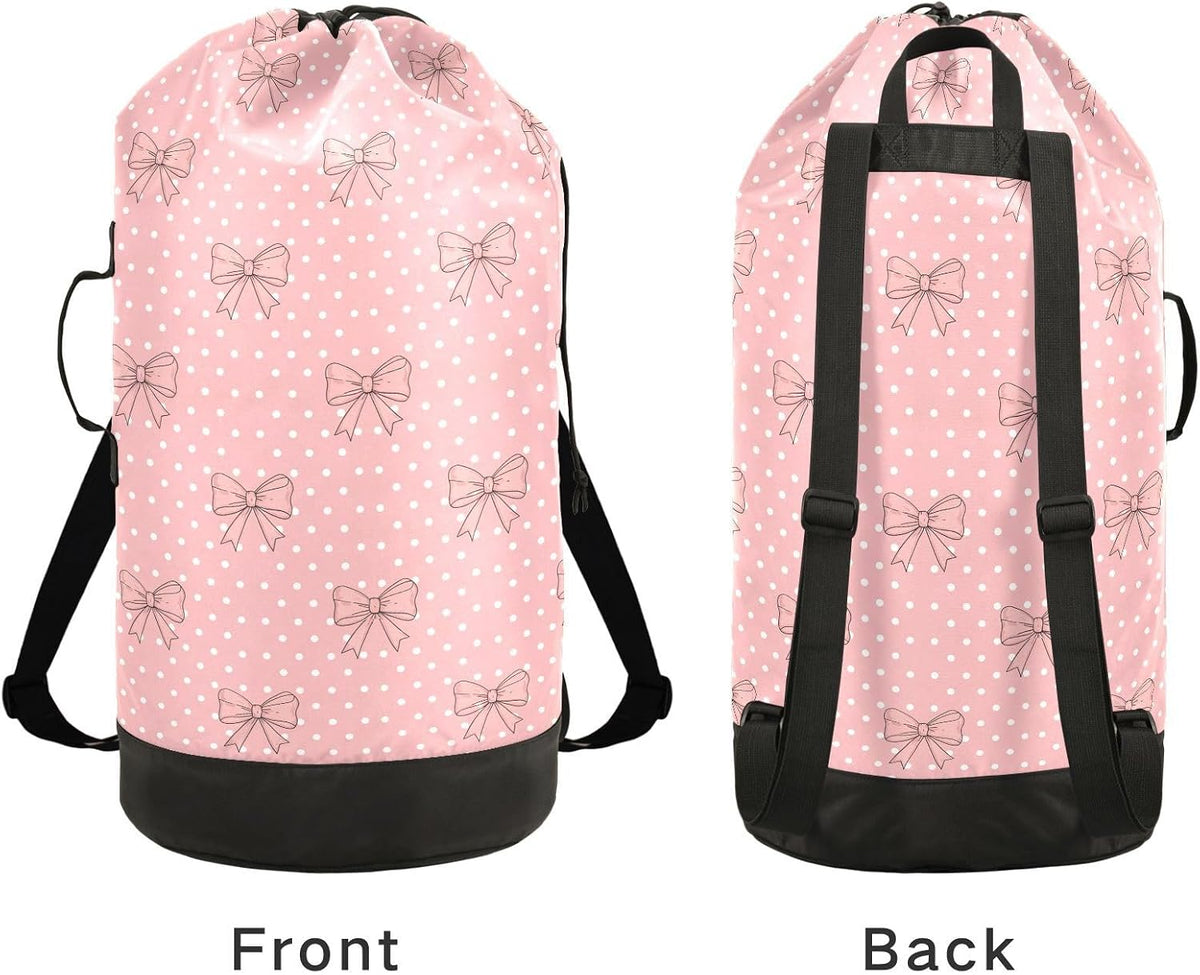 Bow Polka Dot Light Laundry Bag Backpack Bags Mesh Wash Laundry Bags Dirty Clothes Organizer for Vacation Road Trip Essentials Dorm