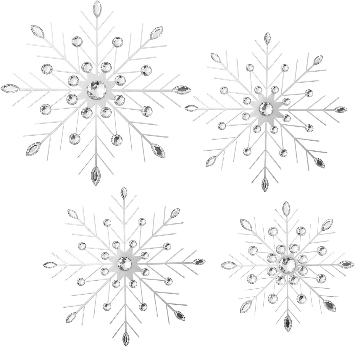 Hicarer 4 Pcs 12" 10" 8" Snowflake Metal Wall Art Rhinestones 3D Decor Christmas Silver Hanging Metal Artwork Wall Decor Glitter Crafts Snowflake Decorations for Living Room (Transparent White)