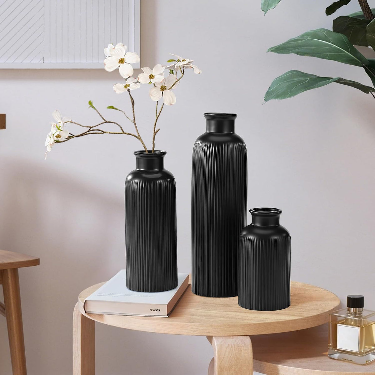 Small Black Ceramic Vase Set of 3, Boho Modern Black Flower Vase Room Decor, Farmhouse Decor, Vases for Your Kitchen, Bathroom, Bedroom, Living Room, Office&Shelf Centerpiece Table Decorations