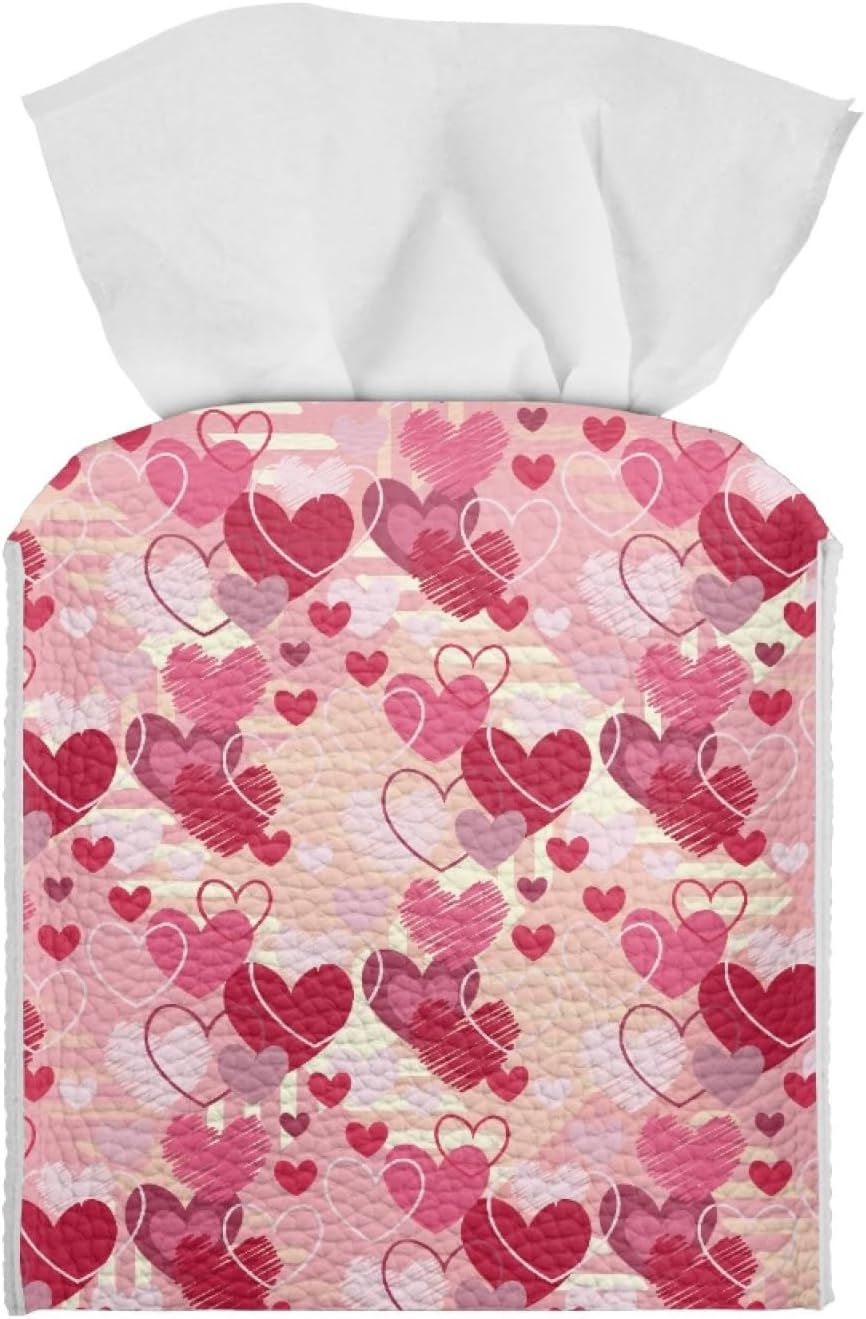 Happy Valentines Day Facial Tissue Box Cover PU Leather Square Tissue Case Dispenser 5.1"X5.1"X5.5" Organizer for Living Room Kitchen Bathroom Home Decor,Pink Love Heart