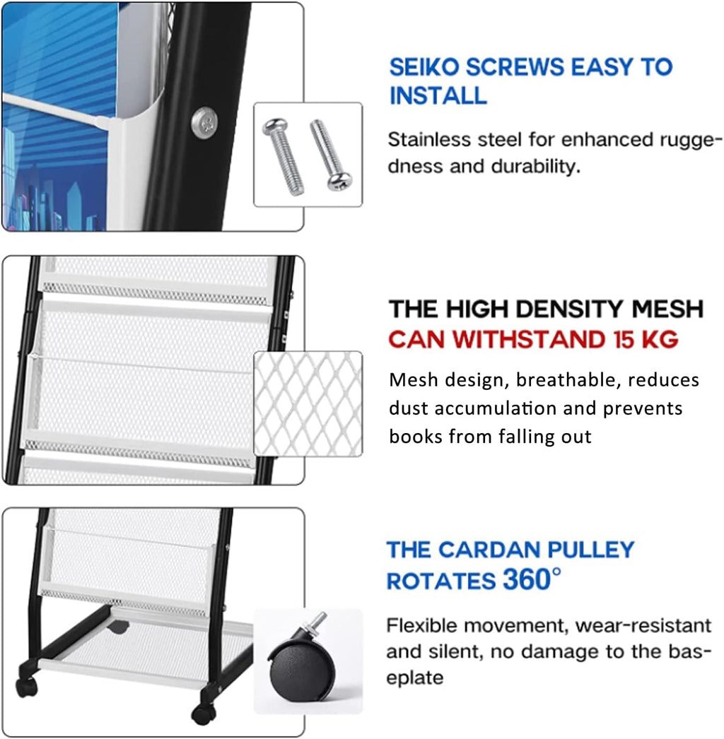 LIWSHWZ Brochure Display Stand | 5 Layers Foor Magazine Rack with 4 Universal Wheels,Metal Newspaper Catalog Holders for Shop, Exhibitions, Office, Trade Show