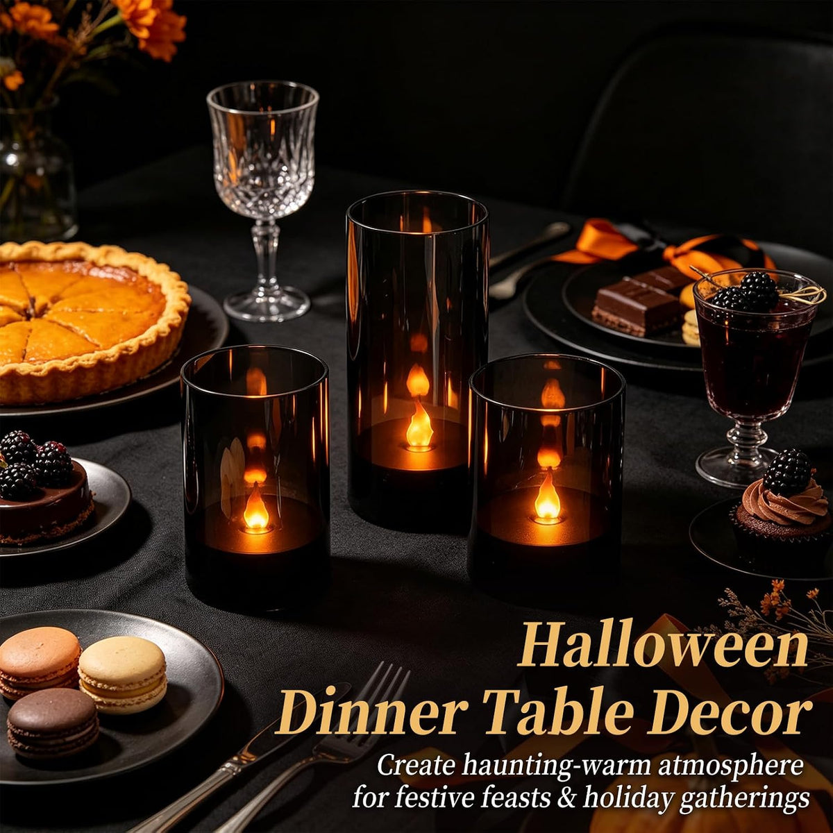 3Pcs Black Halloween Flameless LED Pillar Candles,Flame Light with Remote