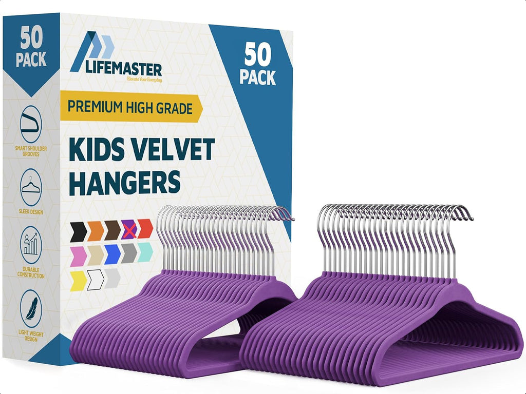 Purple Velvet Kids Hangers 50 Pack, 10.83" Non-Slip Baby & Toddler Hangers for Clothes, Space-Saving Slim ABS Plastic with 360° Swivel Hook & Notched Shoulders, Up to 10 lb Capacity