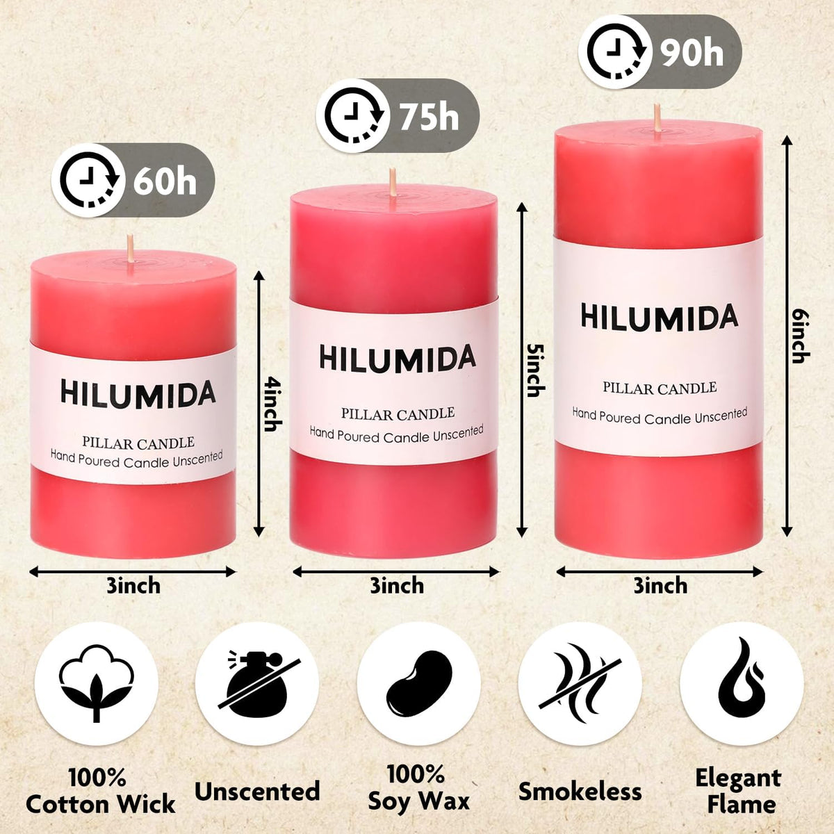 Pink Pillar Candles Set of 3 - Valentines Day Pink Candles Decorations, Hand-Poured Unscented Candle, Smokeless Decorative Candle for Home, Set of 3 in Different Sizes (4", 5", 6")