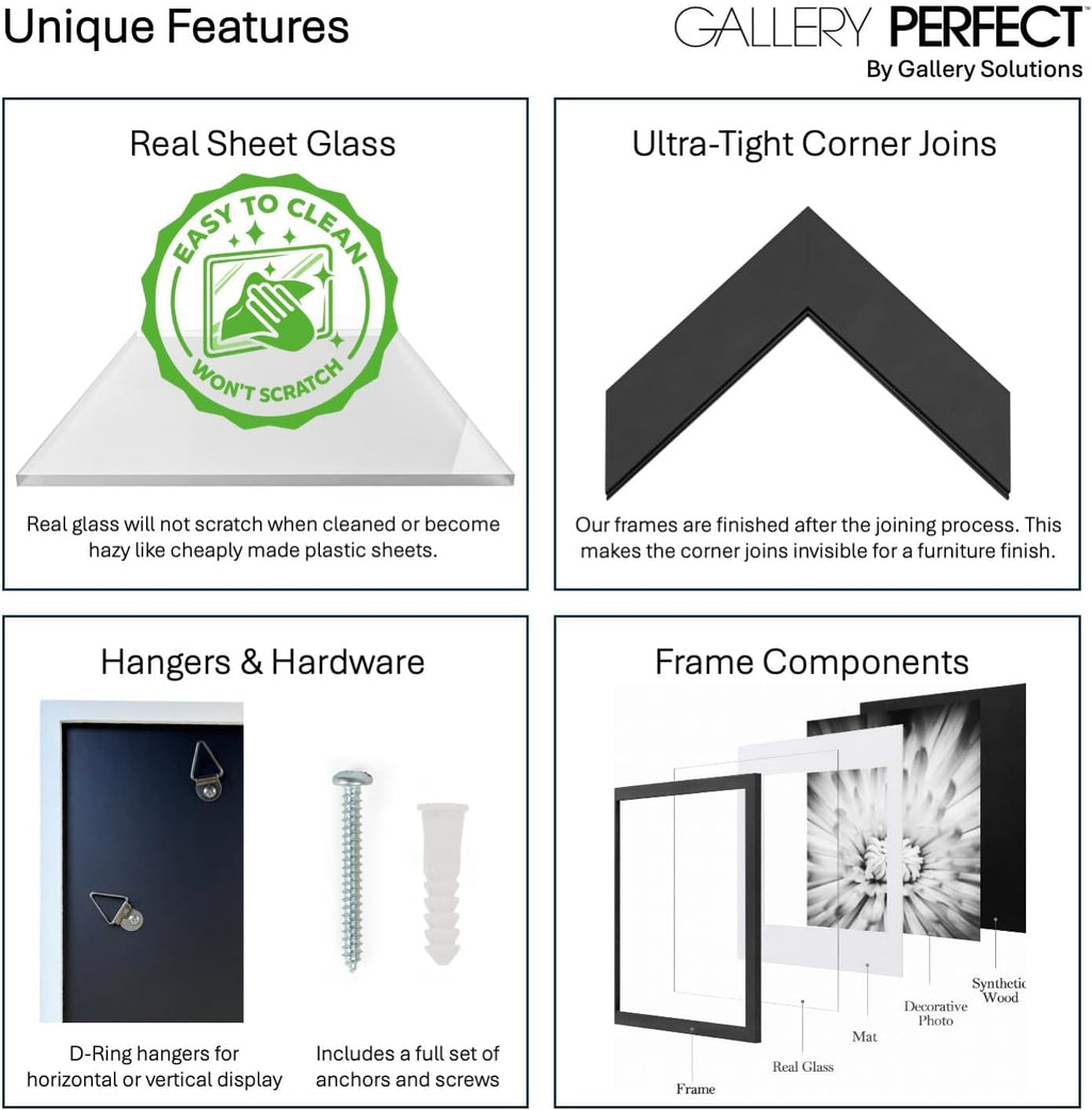 GALLERY PERFECT Multi-Size Picture Frame Set 7 Pack, White Gallery Wall Frames with Hanging Hardware, Clear Glass - One 12x16, Two 8x10, Four 6x8 Matted Photo Frames for Wall Display