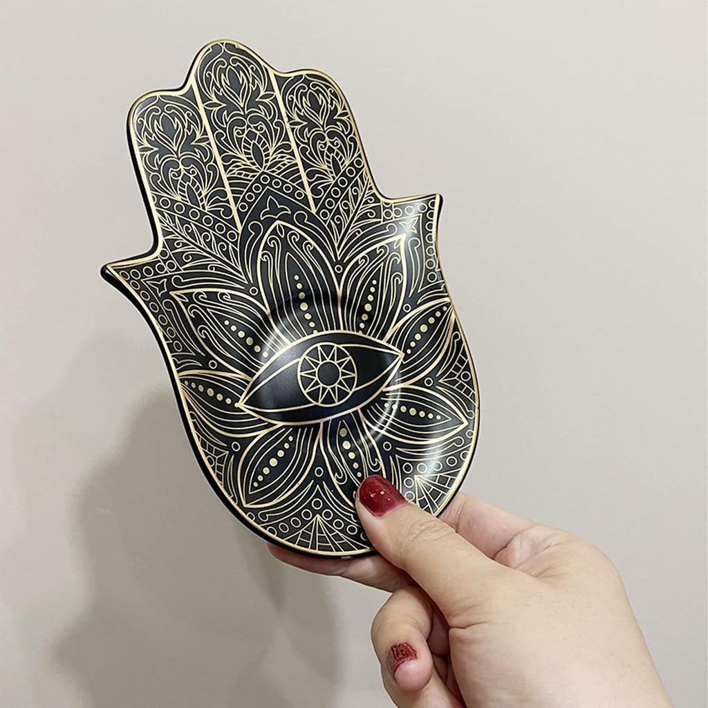 Ceramic Hamsa Hand Incense Holder - 2 in 1 Brass Incense Holder for Sticks and Coil Incense- Zen Decor with Hand of Fatima Design Protection from Evil - 6.2" L X 4.5" W (Black)