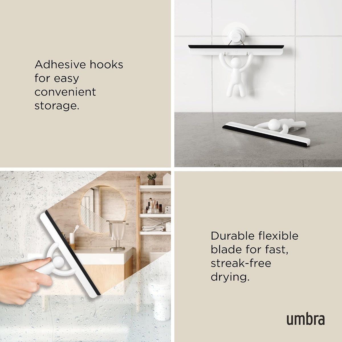 Umbra Buddy Adhesive Squeegee, Shower Glass and Mirror Cleaner, White