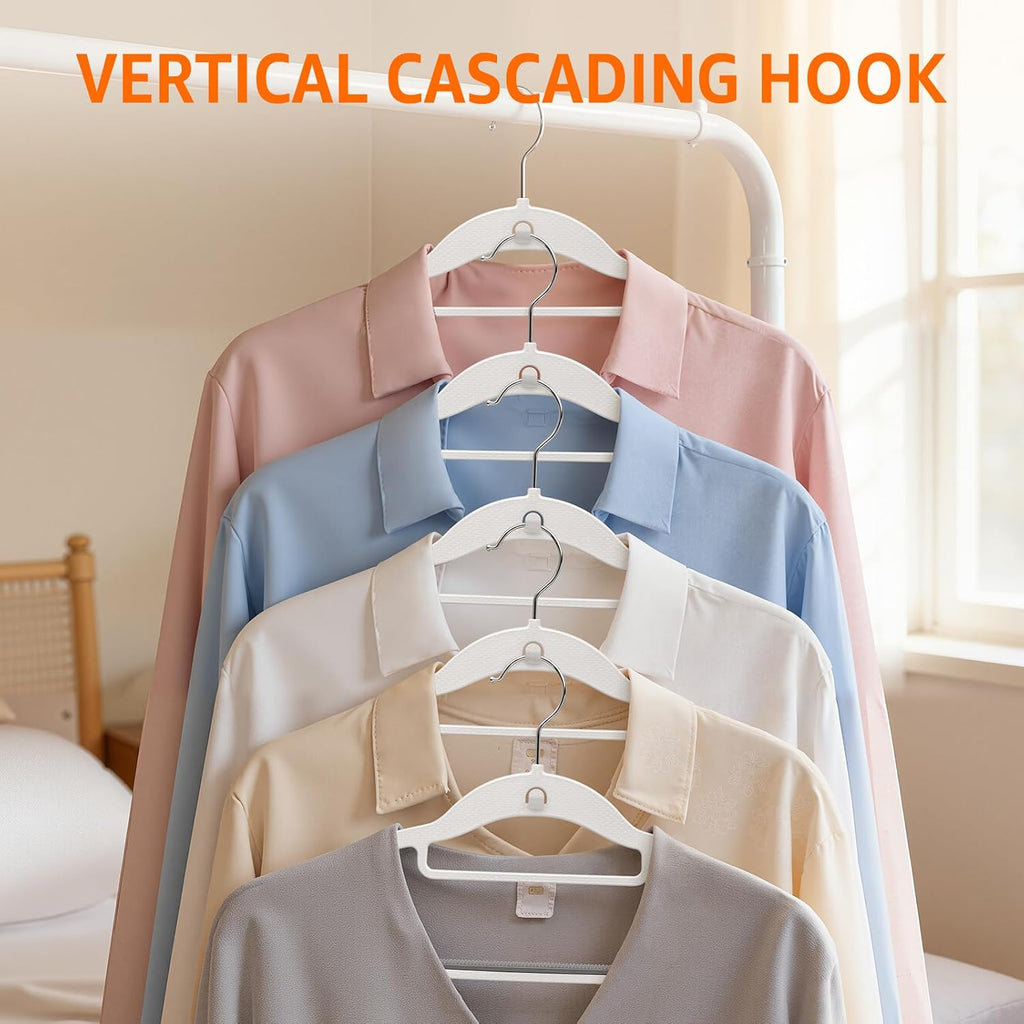 Yolife Cascading Plastic Clothes Hangers 10 Pack with Inner Hook for Vertical Storage, Slim Space Saving Hangers with Non-Slip Pads, 360° Swivel Metal Hook, Versatile, White & Gray