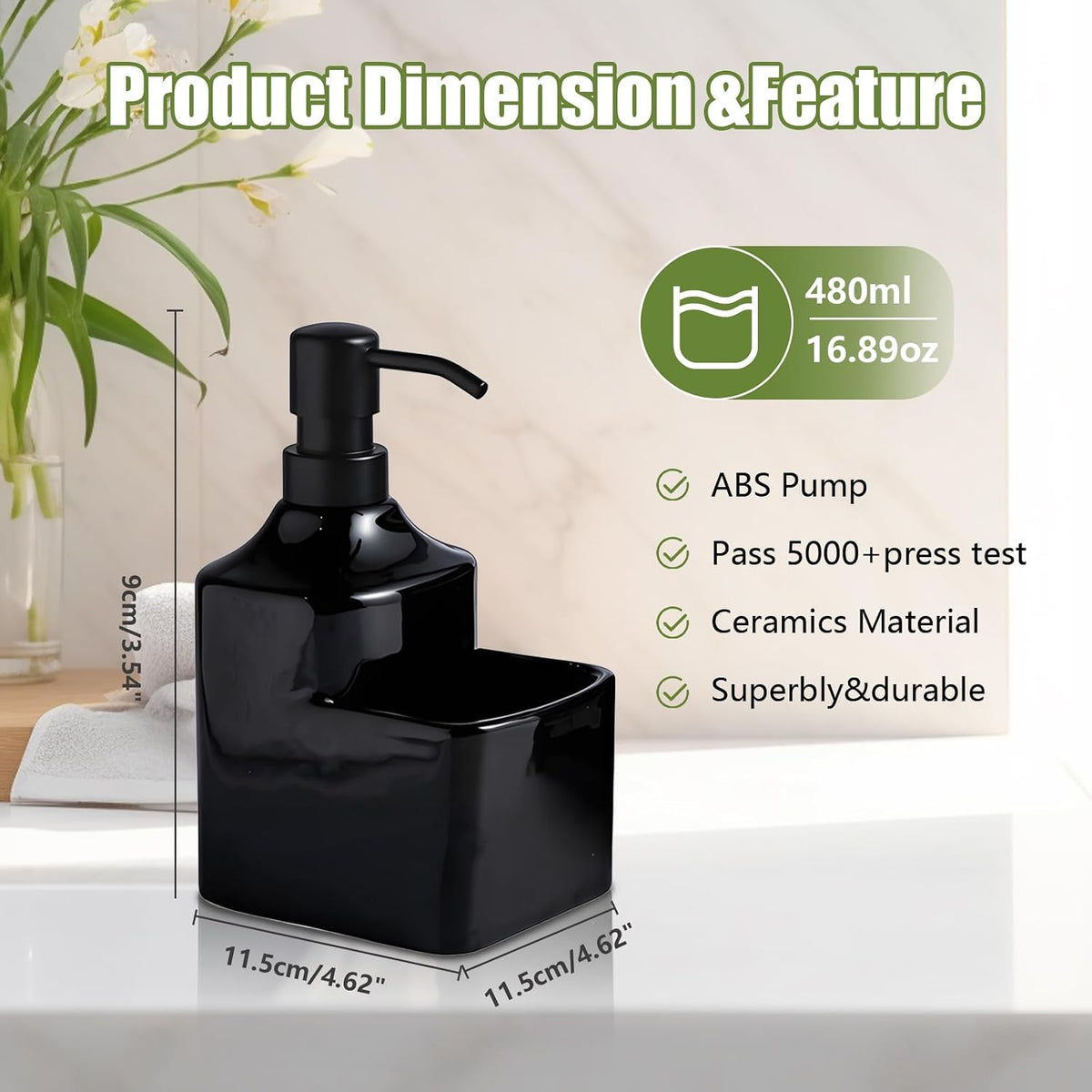 Gets Soap Dispenser Black Ceramic Pump Bottle with Storage Holder