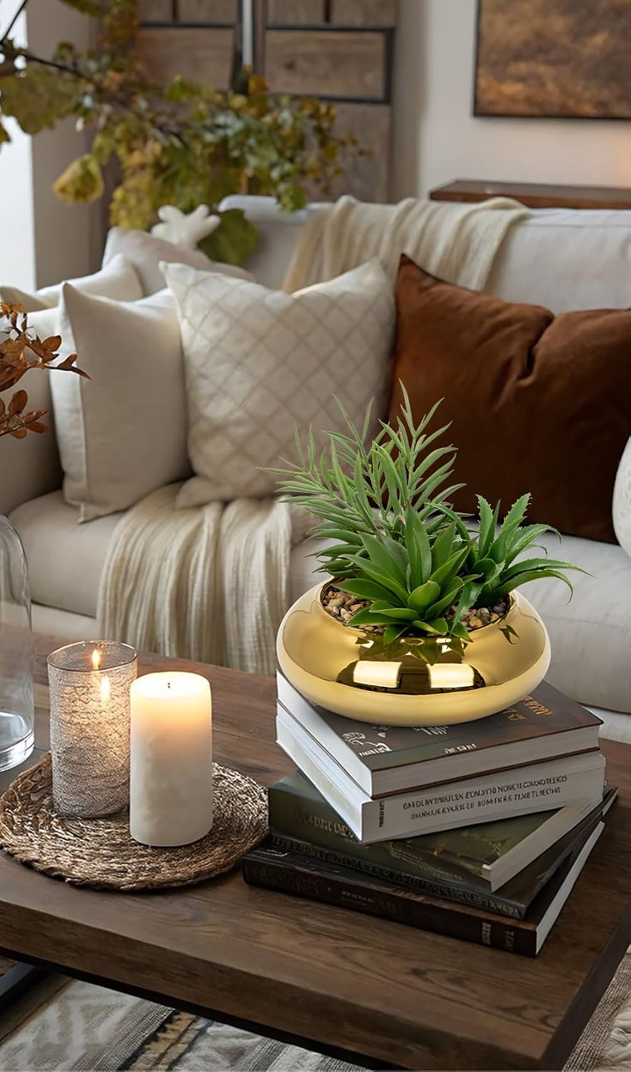 Hollyone Large Artificial Succulents Plants Faux Succulents with Gold Pots Fake Succulent Potted Plants in Ceramic Pot for Home Decor Office Desk Bathroom Living Room Indoor & Outdoor Decorations