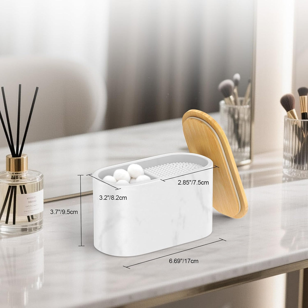 Cotton Swab Holder, Round Cotton Pads Balls Qtip Holder Dispenser with Lid, 2 Compartments Qtips Holder, Tampoms Period Box Bathroom Organizers Storage Bin Floss Dispenser Vanity Cosmetics, White