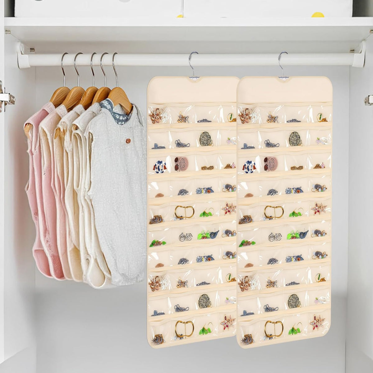4 Pack Hanging Jewelry Organizer with 80 Clear Pockets, Double-Sided Hanger for Closet Door Wall, Beige Jewelry Holder for Earrings, Necklaces, Bracelets
