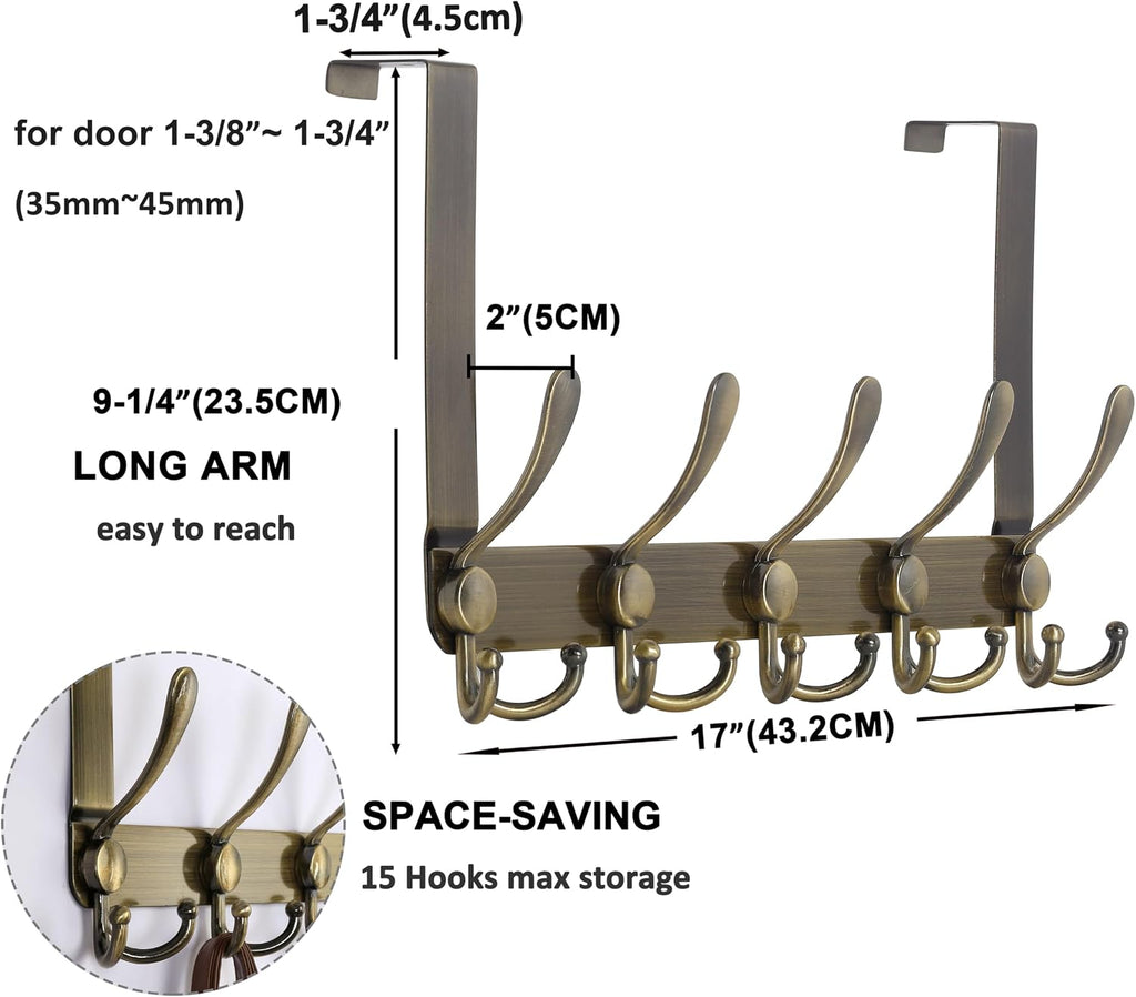 Dseap Over The Door Hook Hanger - Fits 1 3/8" to 1 3/4" Standard Doors | 5 Tri Hooks Heavy Duty Towel/Coat Rack | Door Organizer for Clothes, Jackets, Hats, Towels, Bronze