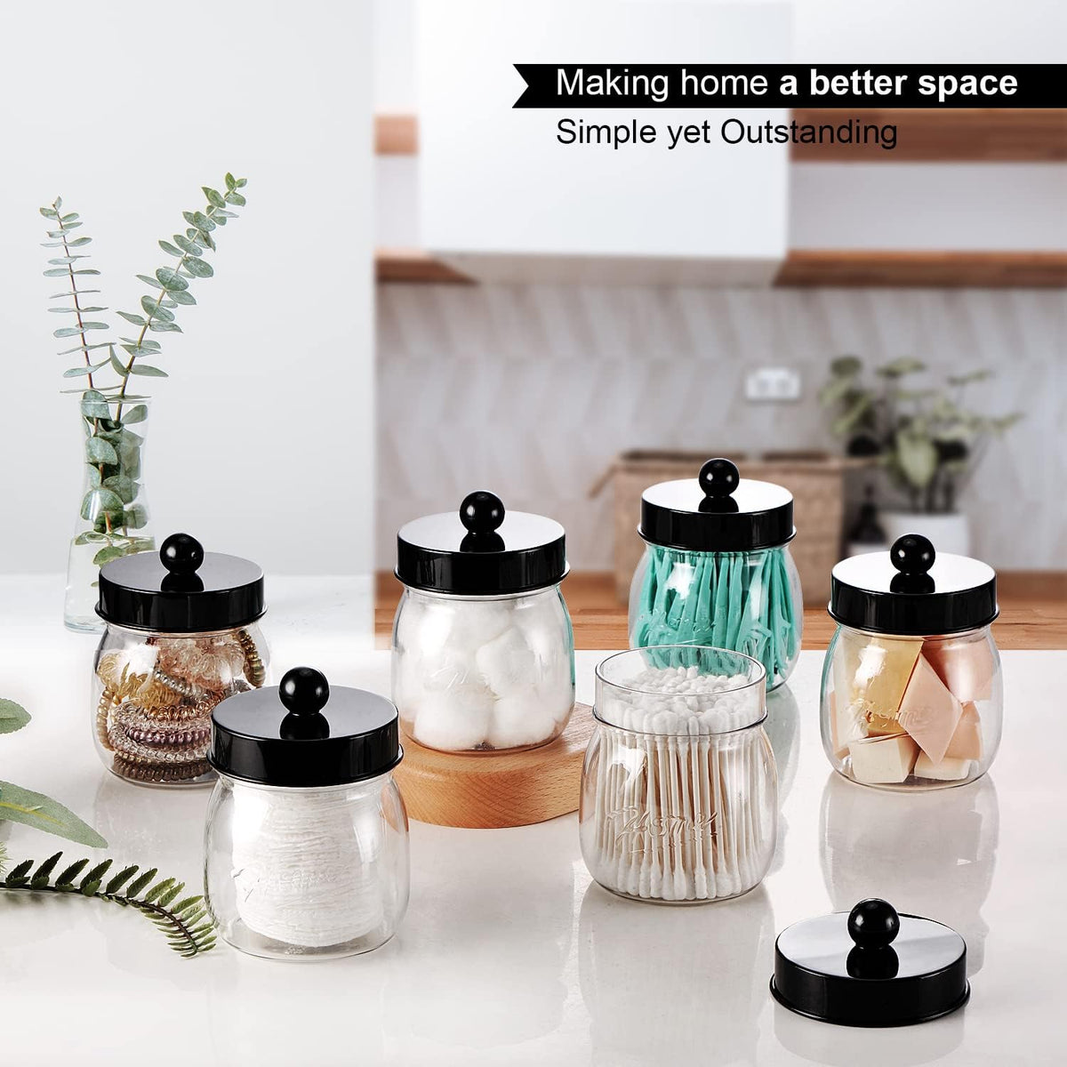 SheeChung 6 Pack Acrylic Mason Jar Qtip Holder Dispenser with Labels, Black