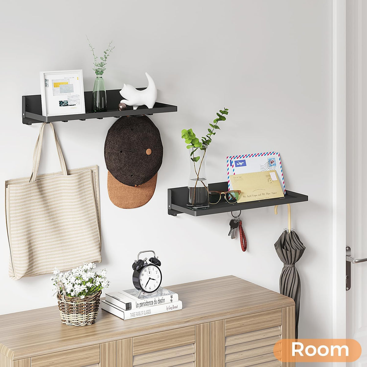 Folding Shelf with Hooks Wall Mount, Laundry Room Metal Shelves, Fold Up 90° and 8 Hooks, Foldable Storage Wall Shelf for Rv, Utility Room, Garage, Space Saving, Black（17.0", 2 Pack）