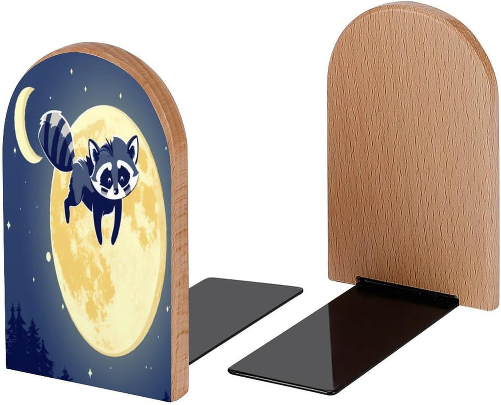 Book Ends Raccoon Moon Wood Bookends for Shelves to Hold Books Heavy Duty Non-Skid Book Stoppers Wood Decorative Home Office School