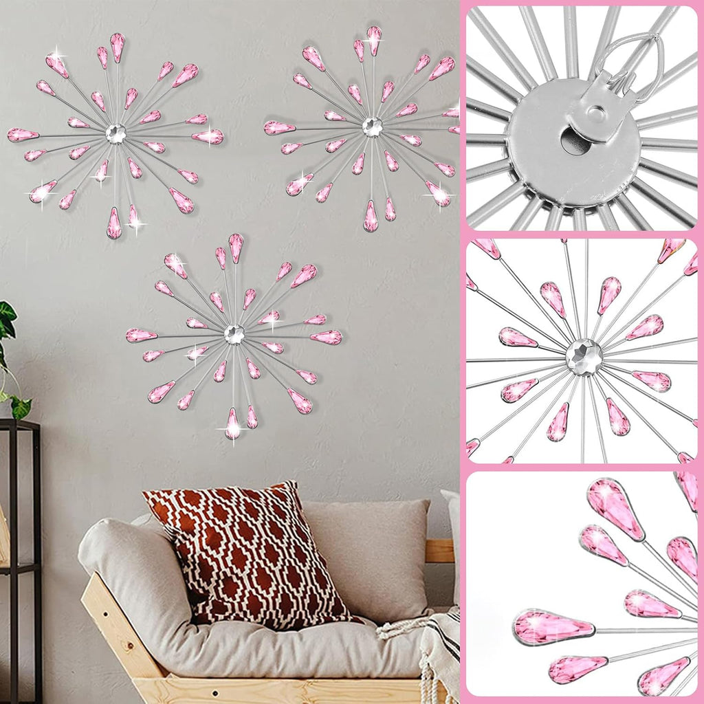 SIYIKRYP Set of 3 Pink Crystal Starburst Wall Decor, 11.8 Inch Modern Metal Sparkling Teardrop Diamond Wall Art, Glam Bling Hanging for Living Room Bedroom Bathroom Home Decor