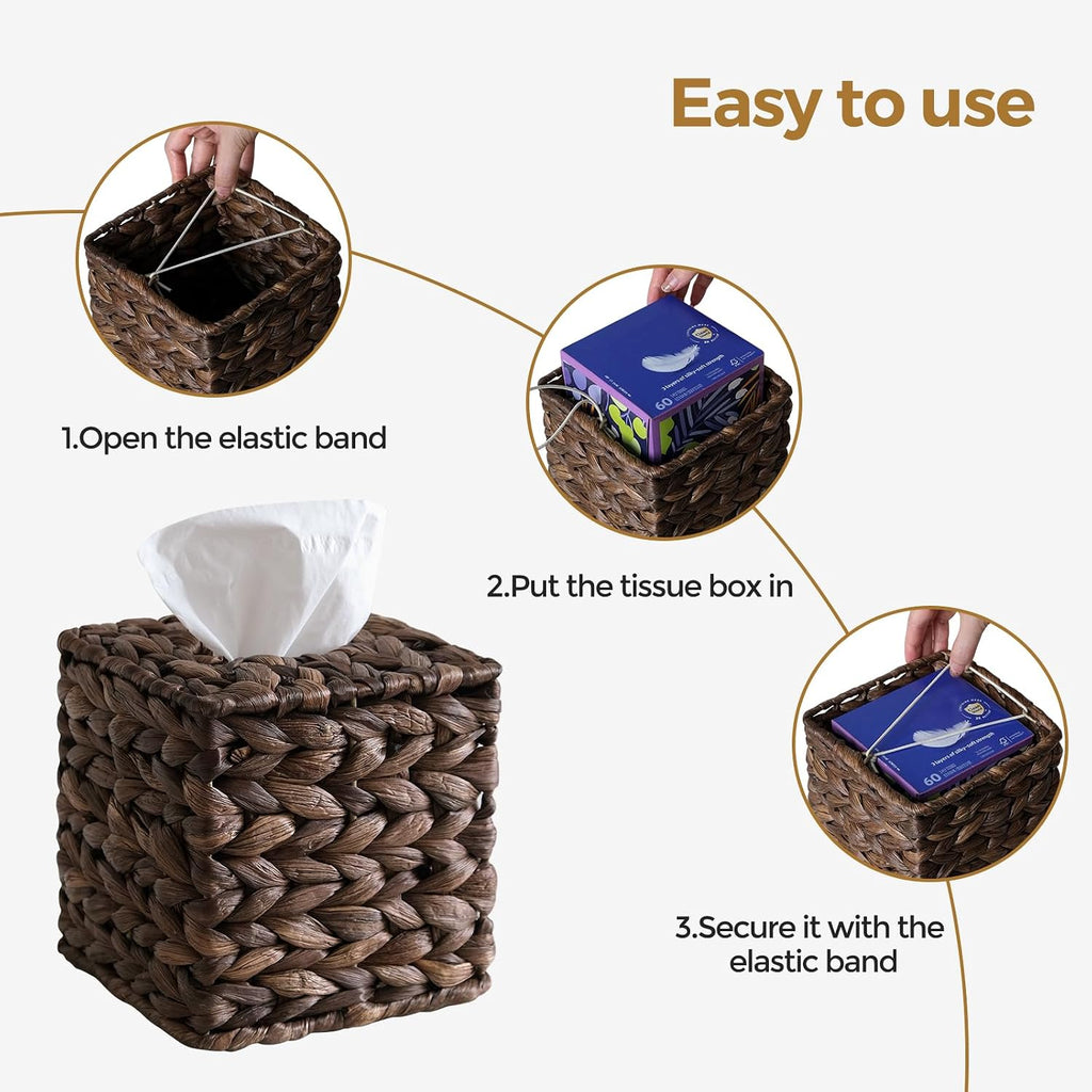 2PC Wicker Tissue Box Cover, Rattan Tissue Box Holder Square, Boho Decorative Woven Water Hyacinth Cube Tissue Holders for Bathroom Living Room Kitchen（Coffee）