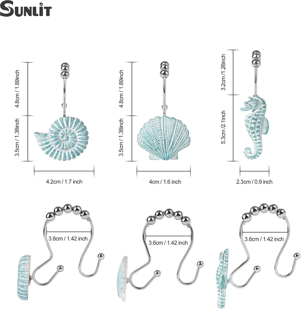 Sunlit Seashells Decorative Double Shower Curtain Hooks, Aqua Blue Ocean Creatures Coastal Shower Curtain Rings, Resin, Nautical Bathroom Decoration Beach Shower Curtain Hooks-12 Pack