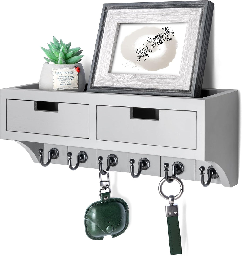 Rebee Vision Key Holder Wall Mount with 2 Drawers for Entryway, Light Gray