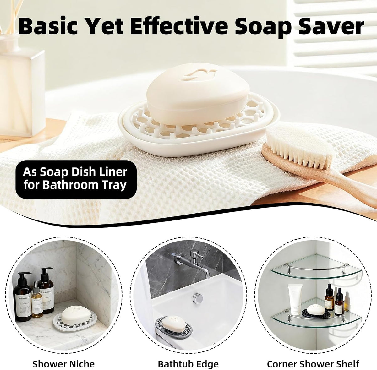 4 Pack Soap Dish for Shower, Non-Slip Silicone Bar Soap Holder with Efficient Drainage Holes for Bathroom Sink, Self Draining Soaps Saver Pad for Shower Niche, Shelf (White- 4Pcs)