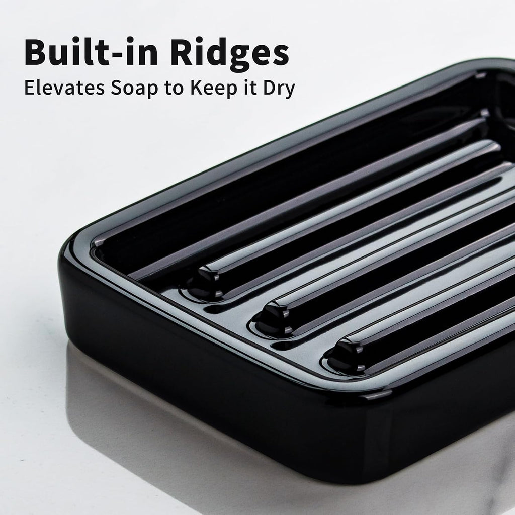 Shiny Ceramic Soap Dish with Raised Ridges, Rectangle Soap Tray, Decorative Soap Holder for Bathroom Counter, Shower and Kitchen Sink, Black