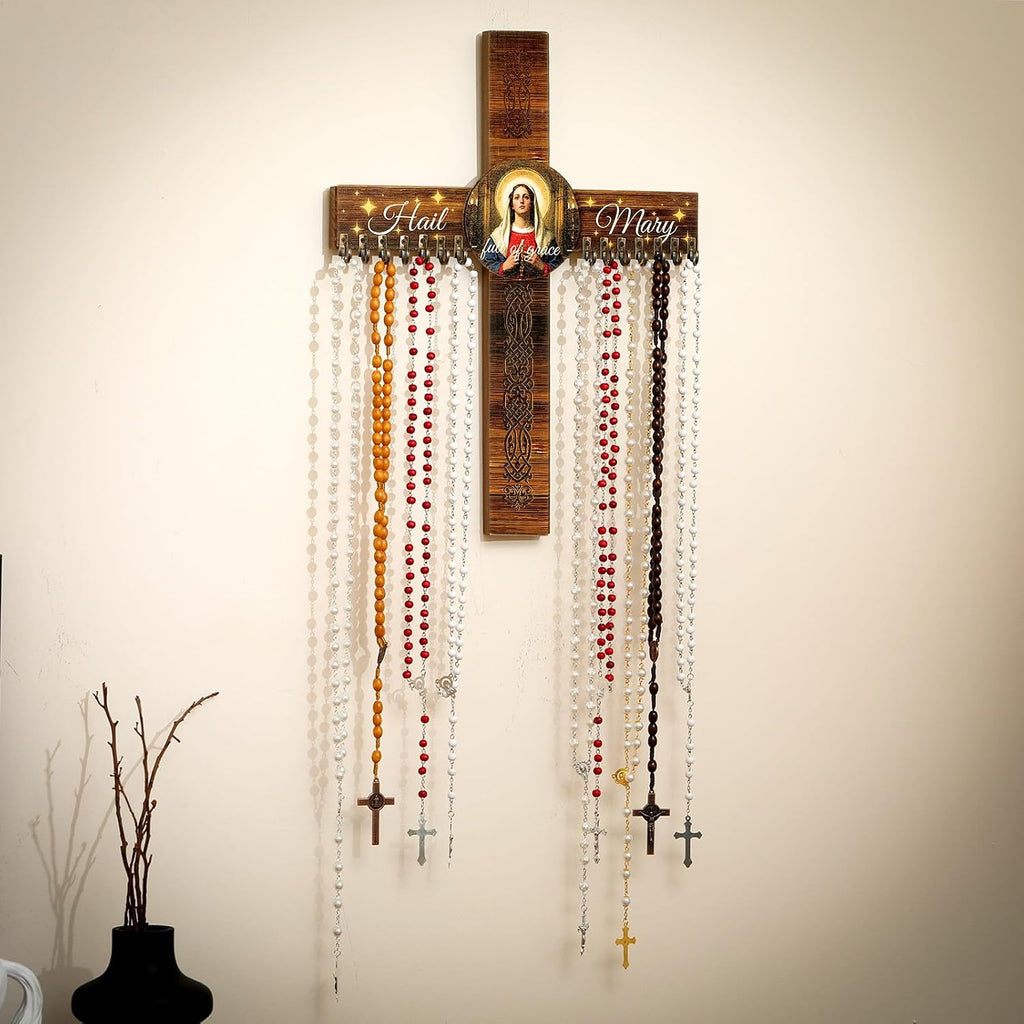 Yaomiao 16 x 12 Wooden Rosary Holder Cross Wall Mounted with 14 Hangers