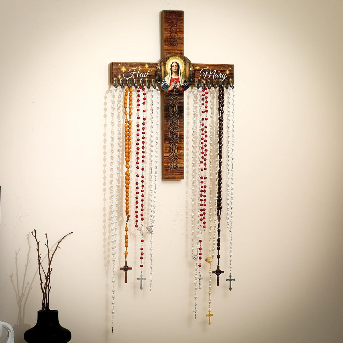 Yaomiao 16 x 12 Wooden Rosary Holder Cross Wall Mounted with 14 Hangers