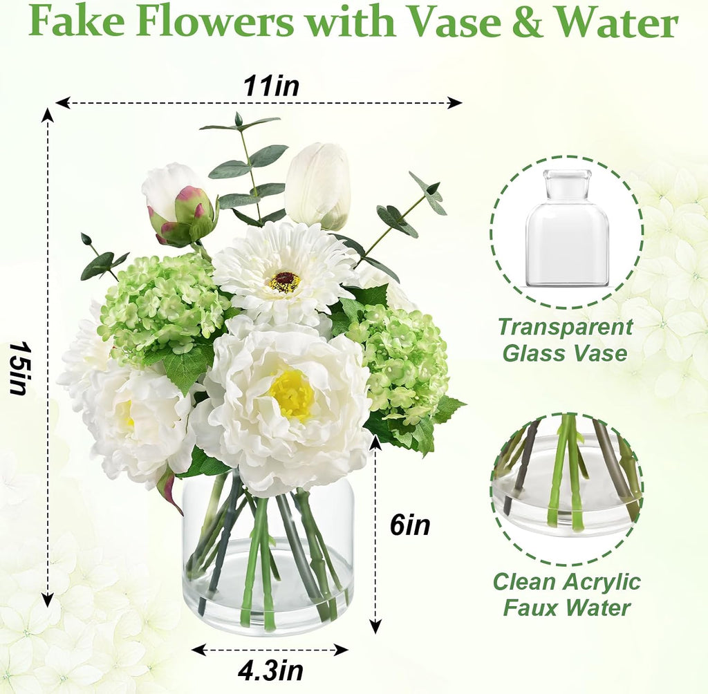 Livole Artificial Faux Flowers with Vase & Water Silk Fake Flowers, White