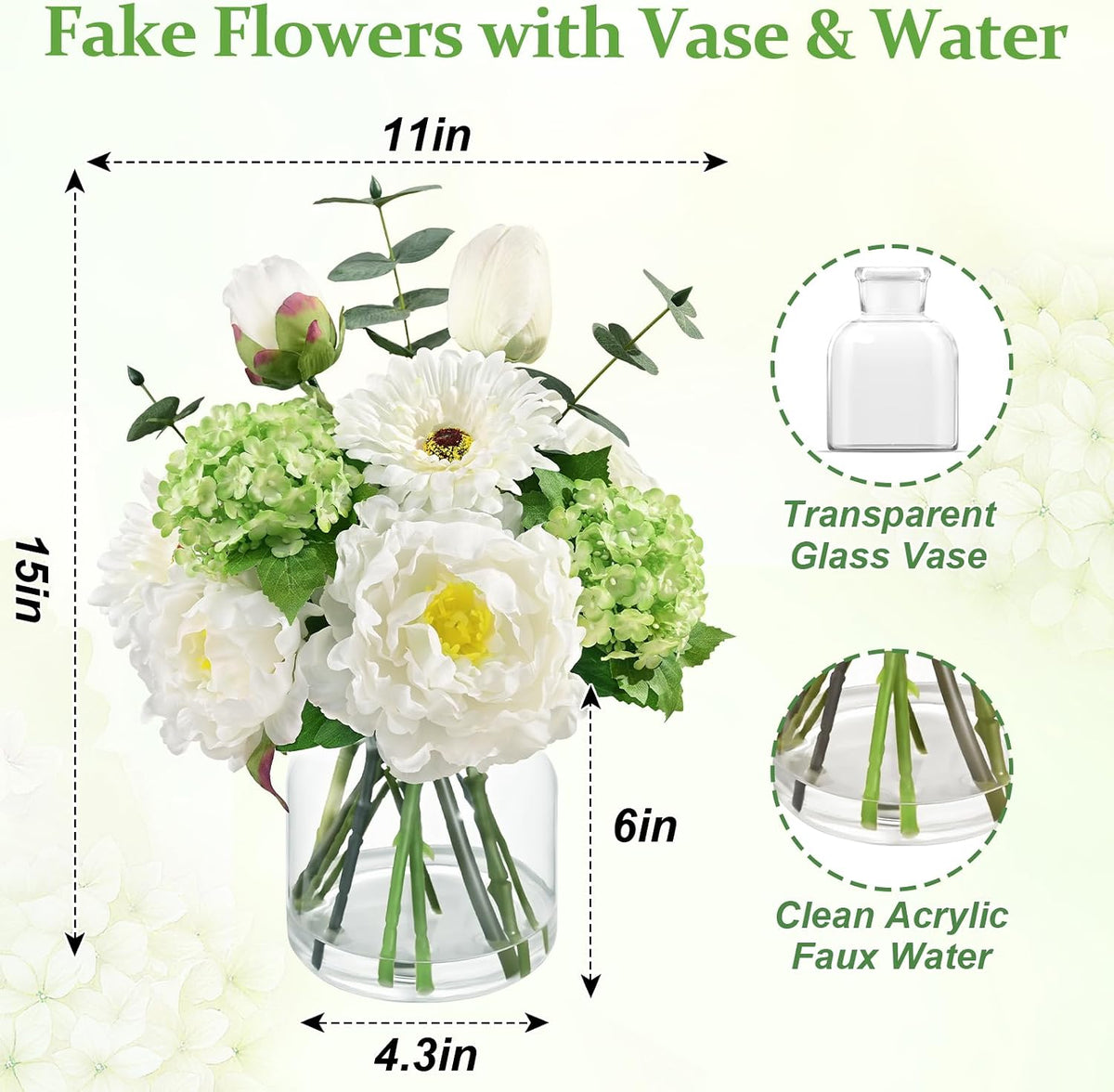 Livole Artificial Faux Flowers with Vase & Water Silk Fake Flowers, White