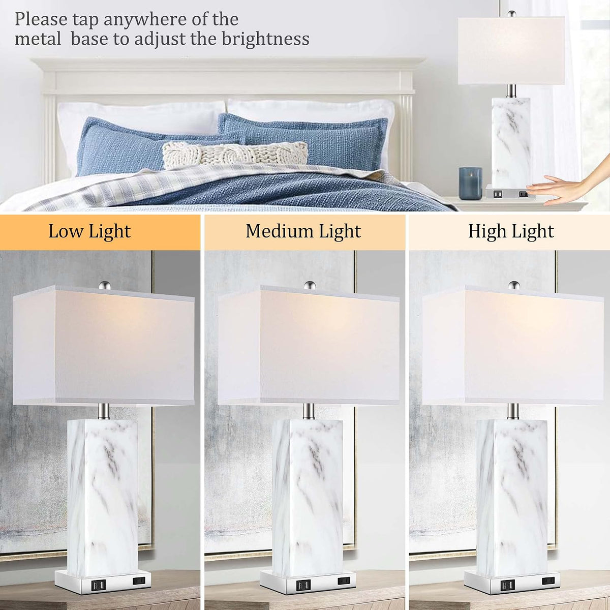 Touch Control Table Lamps Set of 2, Modern Ceramic Bedside Lamp with 2 USB Ports 1 AC Outlet, 3-Way Dimmable White Nightstand Lamp with Fabric Shade for Living Room, Bedroom (LED Bulbs Included)