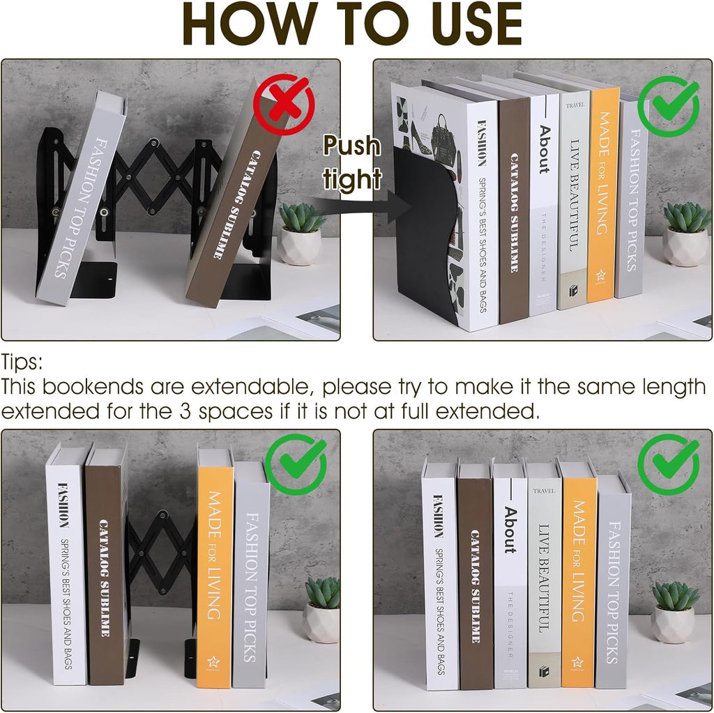 2 Pack Adjustable Bookends for Heavy Books - Expandable Book Ends to Hold Books Heavy Duty, Metal Book Organizer with Anti-Slip Design for Shelves, Desk & Office (Black)