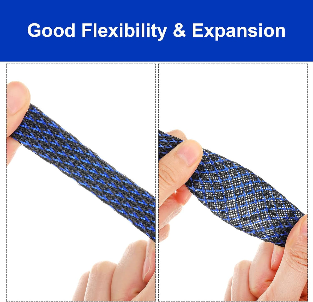 Xuniea 96ft Wire Loom Braided Cable 1/2, 1/4, 3/8 Inch,Black and Blue