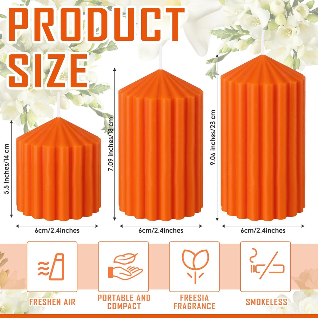 Conelist Set of 3 Fall Orange Ribbed Pillar Candles Soy Wax Scented Candles