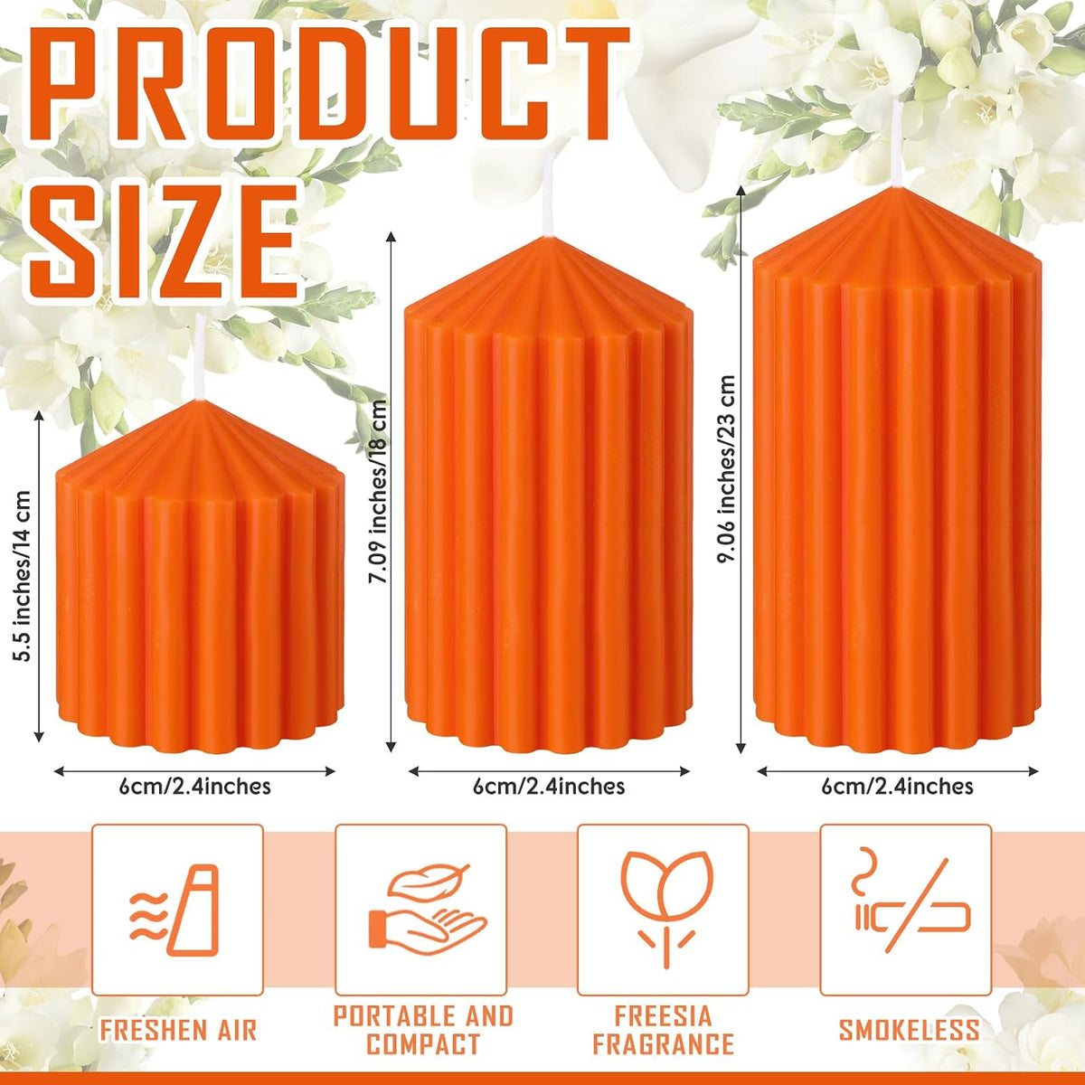 Conelist Set of 3 Fall Orange Ribbed Pillar Candles Soy Wax Scented Candles